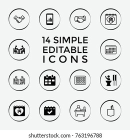 Set of 14 meeting filled and outline icons such as graph on display, 14 date, meeting, speaker, calendar, handshake, office room