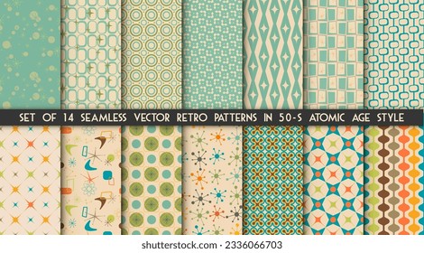 Set of 14 mid-century modern atomic age backgrounds in vector. Seamless retro 50-s patterns ideal for wallpaper and fabric design. svg