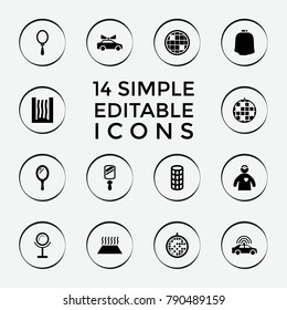 Set of 14 mirror filled icons such as police car, mirror, hair curler, disco ball, doctor with medical reflector, heating system in car, heating system