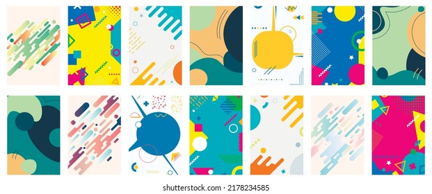 Conjunto de 14 póster moderno con diseño de marcos minimalistas y elementos geométricos hipster retro. Elementos de diseño para portada, folleto, revista, afiche, volante, aplicaciones móviles,