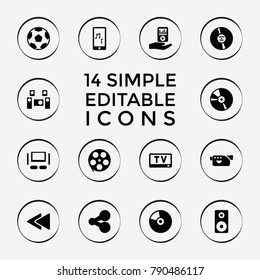 Set of 14 multimedia filled icons such as share, movie tape, camera, cd, play back, mobile phone music, mp3 player on hand, loudspeaker, audio system, tv set