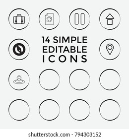Set of 14 navigation outline icons such as share, arrow up, distance, luggage, pause, lighthouse, location pin, finger pressing play button, reload, map location, compass