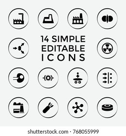 Set of 14 nuclear filled icons such as atom fusion, atom move, pressure, core, atom, radiation, factory, rocket bomb