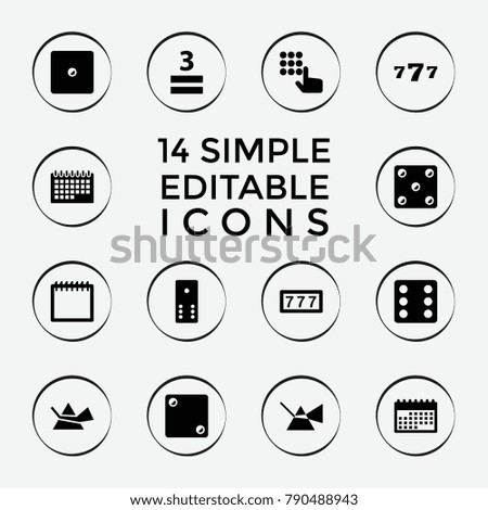 Set of 14 number filled icons such as 7 number, dice, intersection, hand on atm, 3 allowed, calendar