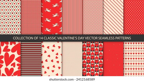 Set of 14 patterns with hearts, cupids, cherubs and geometric lines in red vintage colors. St. Valentine's Day trendy backgrounds. Vector retro illustrations.
