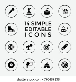 Set of 14 performance filled icons such as target, teacher, microphone, ice skate, circus, man at the top of the mountain with flag