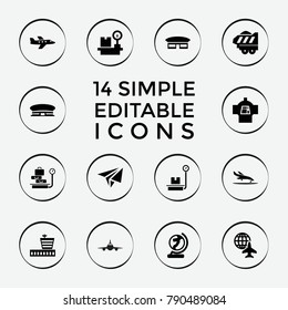 Set of 14 plane filled icons such as airport, cargo trailer, lugagge weight, plane, plane landing, paper airplane
