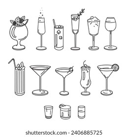 A set of 14 pop art style drinks icons. A bundle of line drawn simple drinks illustrations; pina colada, wine, champagne, martini and many more.