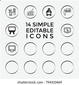 Set of 14 presentation outline icons such as chart, graph on hand, graph, graph on display, teacher, display pointer, equalizer, display, phone, speaker