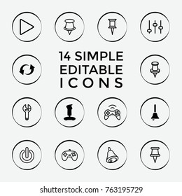 Set of 14 push filled and outline icons such as joystick, update, bell, pin, wrench, adjust, play