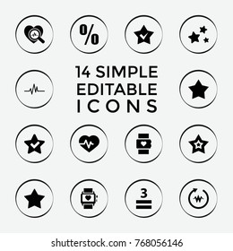 Set of 14 rate filled icons such as star, heart rate watch, heartbeat, percent