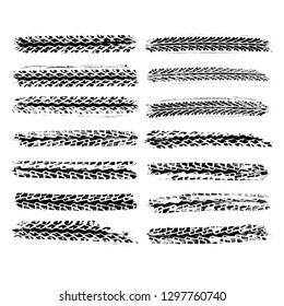 Set Of 14 Realistic Tire Track Imprints. Black Texture Of Real Bicycle Rubber Isolated On White Backgroung. Vector Decorative Design Element