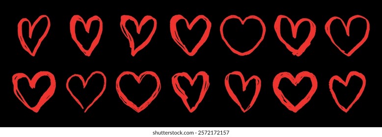 Set of 14 red hand-drawn hearts on a black background. Sketchy heart designs in various styles. Perfect for Valentine's, love themes, or romantic projects. Valentine's element vector set.