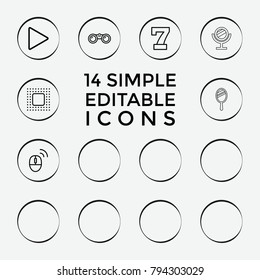 Set of 14 reflection outline icons such as mirror, 7 number, no smoking, binoculars, pharmacy, play, mouse, chip