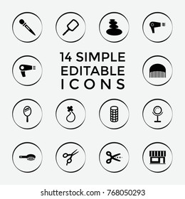 Set of 14 salon filled icons such as hair dryer, hair brush, barber scissors, comb, mirror, scissors, beauty salon, spa stones
