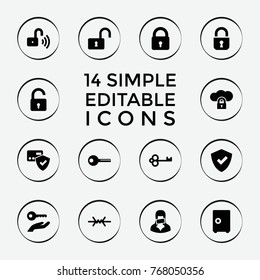 Set of 14 secure filled icons such as lock, opened lock, shield, card protection, key, safe, censored woman, cloud protection, opened security lock, key on hand
