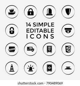 Set of 14 security filled icons such as security camera, lock, censored, shield, siren, wire fence, water military, cone barrier, safe, card protection