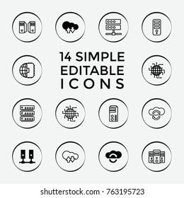 Set of 14 server filled and outline icons such as cloud download upload, cpu planet, server, cloud sync