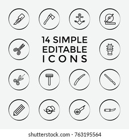 Set of 14 sharp outline icons such as pencil, razor, cutter, circular saw, electric saw, scissors, gardening knife, axe, scalpel, cactus