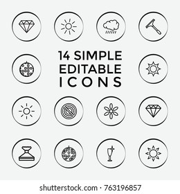 Set of 14 shine outline icons such as sun, diamond, diamond, window squeegee, clean wine glass, disco ball