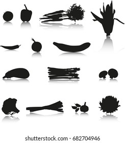 Set of 14 Silhouette vector vegetables with shadow: Tomato, paprika, carrots, chilli, cucumber, onion, corn, mushroom, asparagus, eggplant, garlic, broccoli, leek and artichoke.