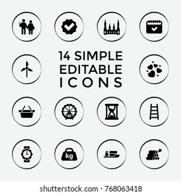 Set of 14 simple filled icons such as ferris wheel, castle, tick, couple with newborn, ladder, mill, calendar, weight, heart, wrist watch for woman, hourglass, dynamite