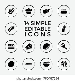 Set of 14 slice filled icons such as beef, sandwich, piece of cake, cutter, cocktail, pizza, pie, food, bacon, bread
