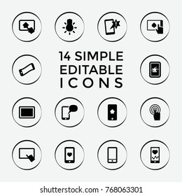 Set of 14 smartphone filled icons such as finger on tablet, important message, heartbeat on phone, wavy phone, heart mobile, touchscreen, tablet