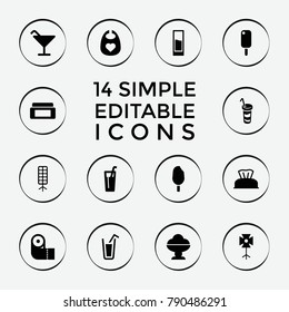 Set of 14 soft filled icons such as baby napkin, baby bid, cream box, cocktail, paper towel, ice cream, drink