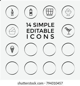 Set of 14 soft outline icons such as cocktail, paper towel, drink, soda, energy drink, soda bottle, ice cream, soft box, sofa