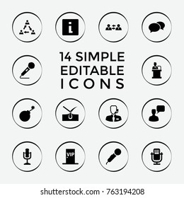 Set of 14 speech filled icons such as shave hair in skin, explosion, chat, chatting man, info, microphone, communication, speaker, vip door