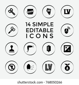 Set of 14 stamp filled icons such as manicure scissors, hair dryer, vegas, stamp, honeycomb, drop counter, no alcohol, censored, light exposure, computer mouse