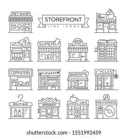 Set of 14 storefronts like bakery, flower shop, boutique and book store thin line icons. Commerce and trade concept vector illustration