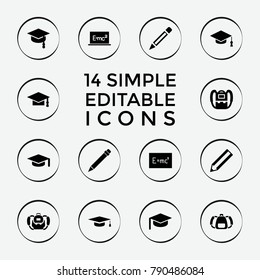 Set of 14 student filled icons such as backpack, graduation cap, pencil, graduation hat, board with formulas