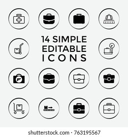 Set of 14 suitcase filled and outline icons such as briefcase with weapon, case, luggage scan, luggage belt, lugagge weight, first aid kit