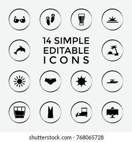 Set of 14 summer filled icons such as flip flops, singlet, fast food cart, sun rise, restaurant table, drink, soda, sunglasses, sun, island, man swim wear, dolphin