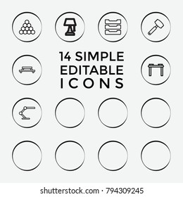 Set of 14 table outline icons such as table lamp, biliard triangle, meeting, knife, pendulum, pepper, nightstand