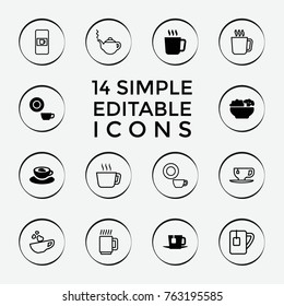 Set of 14 tea filled and outline icons such as mug, dish, cup with heart, tea, food, vending machine, teapot