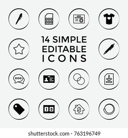Set of 14 template filled and outline icons such as badge, pen, tag, t-shirt with heart, sport score, circle intersection, chat, star, loading, file, diploma, bank