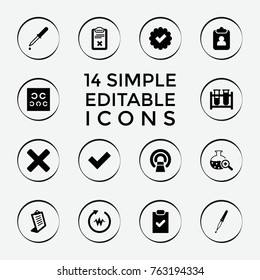 Set of 14 test filled icons such as clipboard, tick, test tube, pipette, mri, heartbeat, checklist