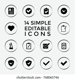 Set of 14 tick filled icons such as shield, tick, heart, resume, clipboard with tick, clipboard