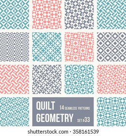 Set of 14 tiles with geometric patterns. Collection of different abstract patterns, number 33. Simple retro colors - easy to recolor. Seamless vector backgrounds.