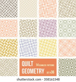 Set of 14 tiles with geometric patterns. Collection of different abstract patterns, number 36. Simple retro colors - easy to recolor. Seamless vector backgrounds.