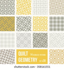 Set of 14 tiles with geometric patterns. Collection of different abstract patterns, number 38. Simple retro colors - easy to recolor. Seamless vector backgrounds. Yellow and gray colors.