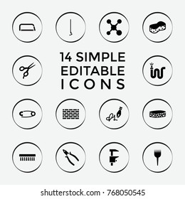 Set of 14 tool filled icons such as barber scissors, sponge, clean brush, pliers, hoe, water hose, share, brick wall, ink pen, pin, barber brush, hacksaw