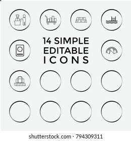 Set of 14 tourism outline icons such as passport, boat, pool, mountain, umbrella, swimsuit, taxi, luggage belt, pass control, pyramid, luggage, backpack