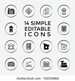 Set of 14 town filled and outline icons such as business center building, building, house building, house builidng, city landscape