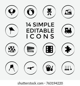 Set of 14 toy filled icons such as puzzle, train toy, baby toy, swing, kite, dice, cradle, dice game, balloon, bear teddy, xylophone, beach ball