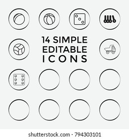 Set of 14 toy outline icons such as teddy bear, toy car, baby toy, dice, puzzle, abc, plastic ball, beach ball, cradle