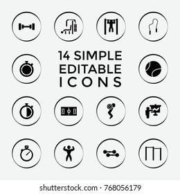 Set of 14 training filled icons such as barbell, teacher, horizontal bar, football pitch, bar   tightening, bodybuilder, skipping rope, tennis ball, stopwatch, dumbbell